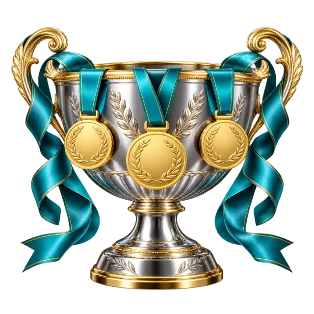 Silver-colored trophy with medals and teal ribbons