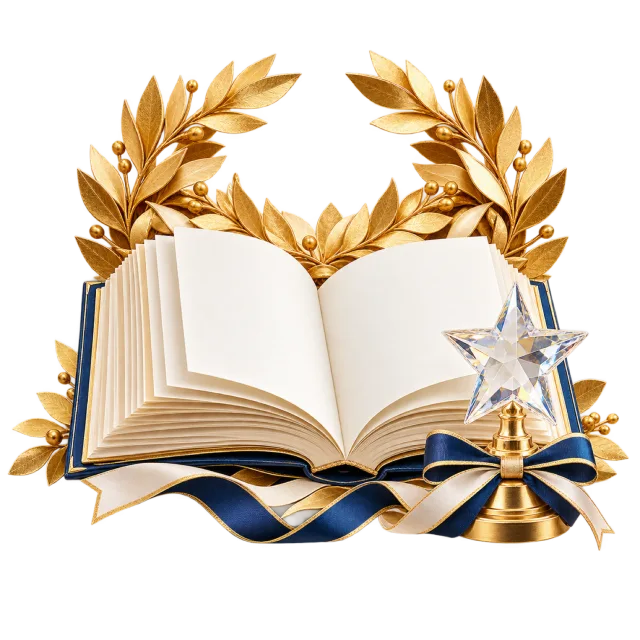 Open book with a golden laurel wreath and star award