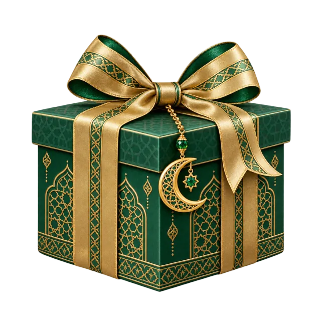 A green patterned present with a gold ribbon and crescent pendant