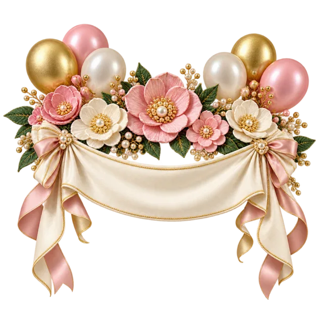 Blank cream floral banner with pink and golden balloons