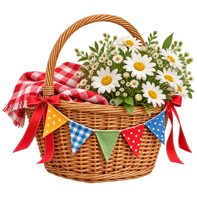 Picnic basket with daisies, gingham cloth and colorful bunting