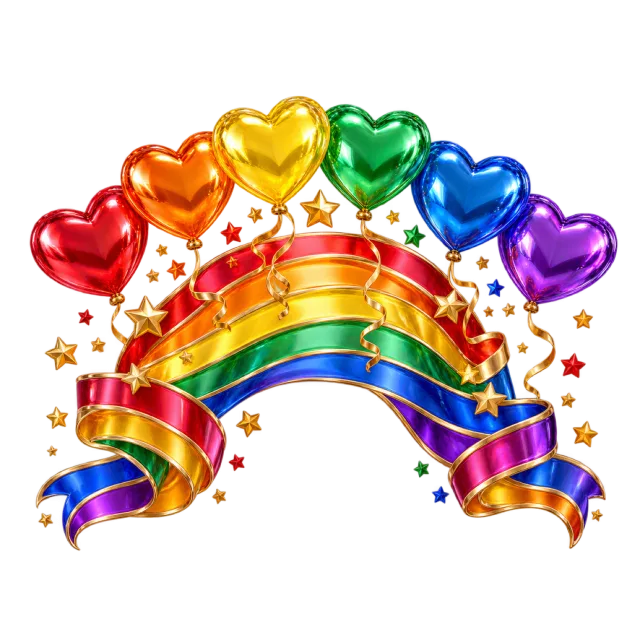Rainbow arch with colorful heart balloons and golden stars