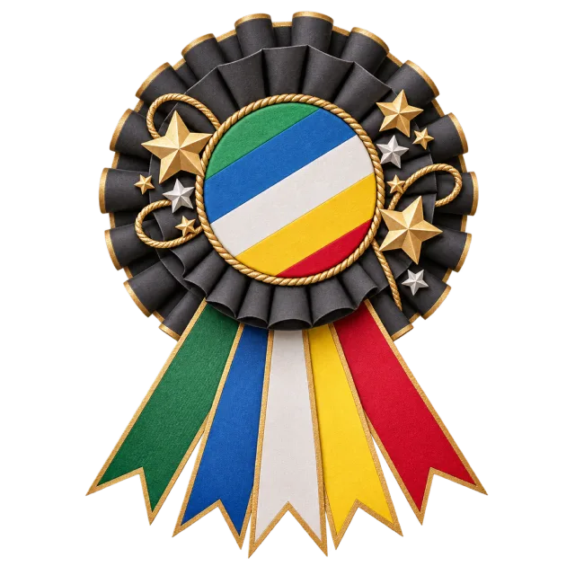 Black rosette with diagonal colored stripes and multicolored tails