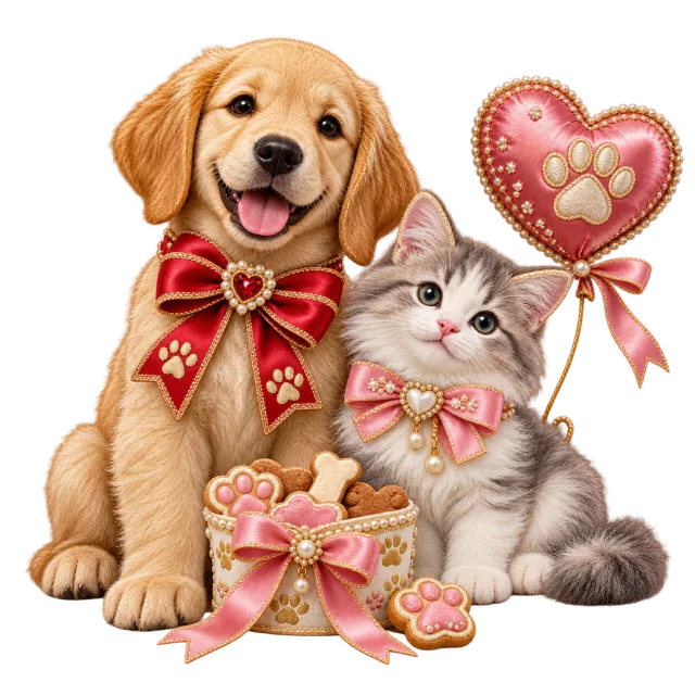 Dog and cat beside a gift and heart-shaped balloon