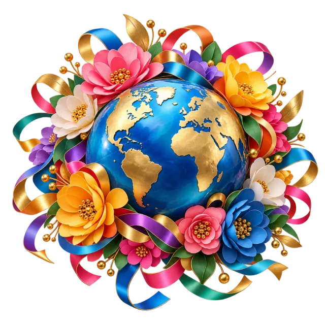 Blue and golden globe surrounded by colorful flowers and ribbons