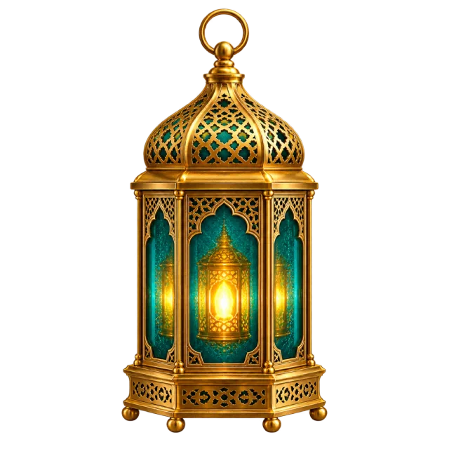 An ornate gold lantern with teal panels and warm light inside