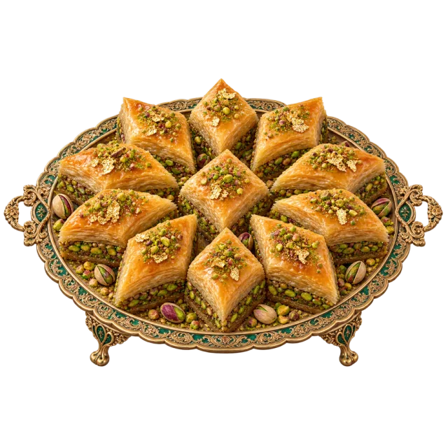 Golden baklava pieces topped with chopped nuts on a decorative serving tray