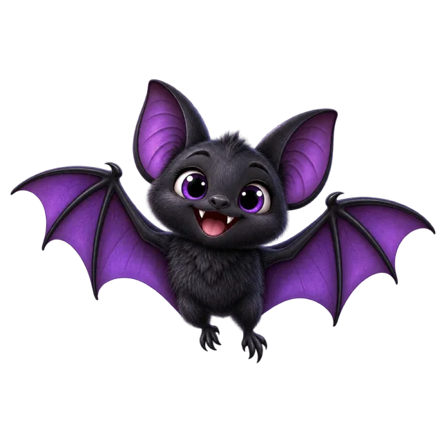 A cute black bat spreading its purple-lined wings