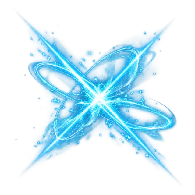Cyan crossing beams with curved orbiting trails