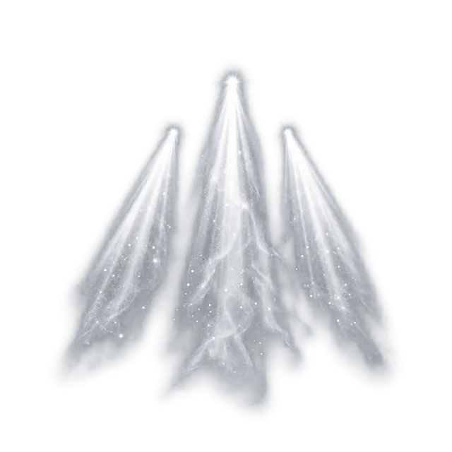 Three white searchlight-style beams with smoky shading