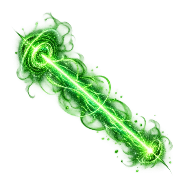 Green diagonal energy beam with swirling wisps