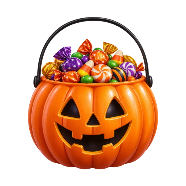 An orange jack-o-lantern bucket filled with colorful wrapped candies