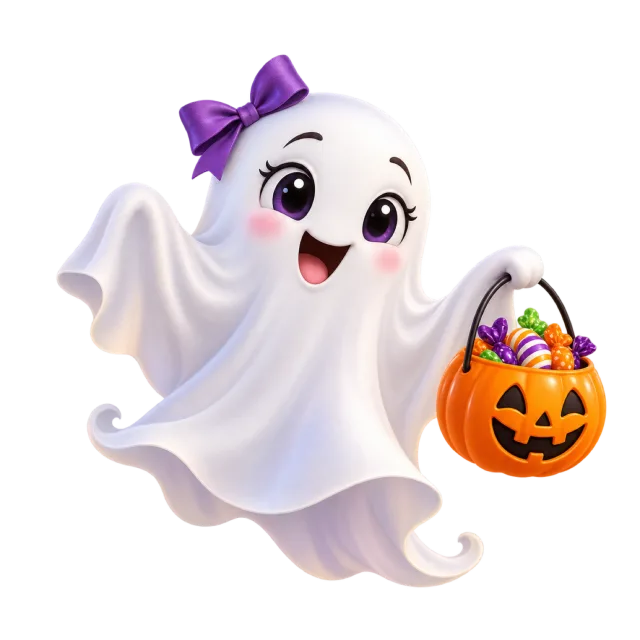 A smiling white ghost with a purple bow carrying a pumpkin candy bucket