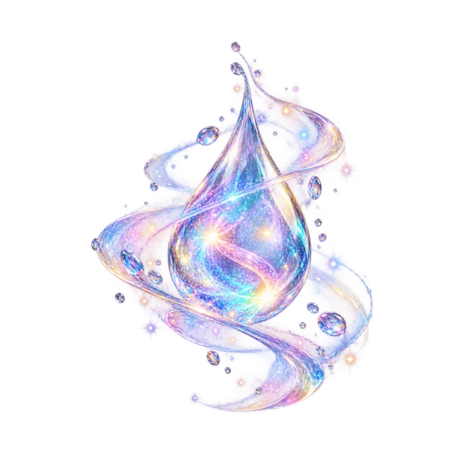 Iridescent droplet-shaped glow with orbiting trails