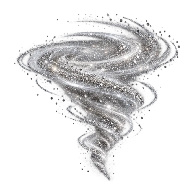 Silver-colored glitter tornado tapering downward