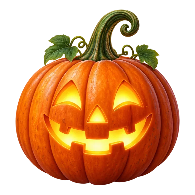 An orange jack-o-lantern with glowing eyes and smile beneath a curled green stem