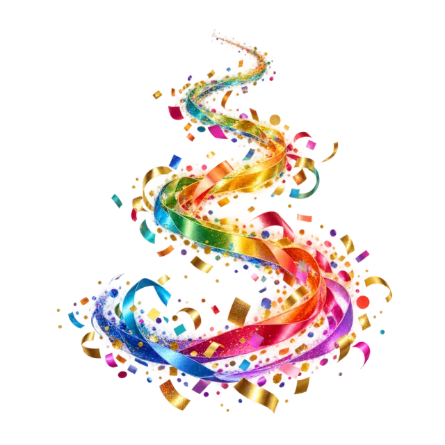 Rainbow confetti spiral with curled streamers