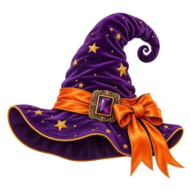 A curled purple witch hat with gold stars, an orange ribbon and jeweled buckle