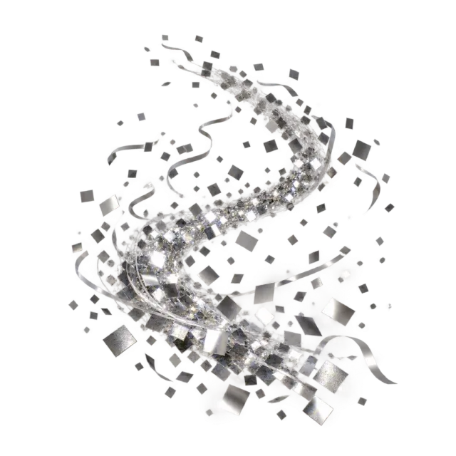 Silver-colored square confetti winding upward