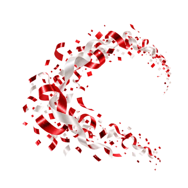 Red and white confetti crescent with curled strips