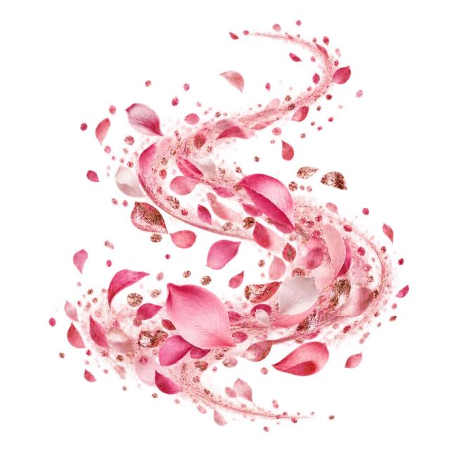 Pink petal-like confetti following an S-shaped path