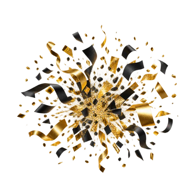 Black and golden confetti radiating from a center