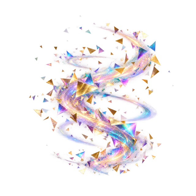 Iridescent triangular confetti in a twisting trail