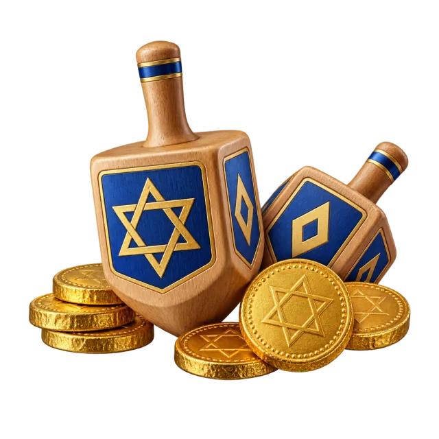 Two wooden spinning tops with blue and gold designs beside gold-colored coins