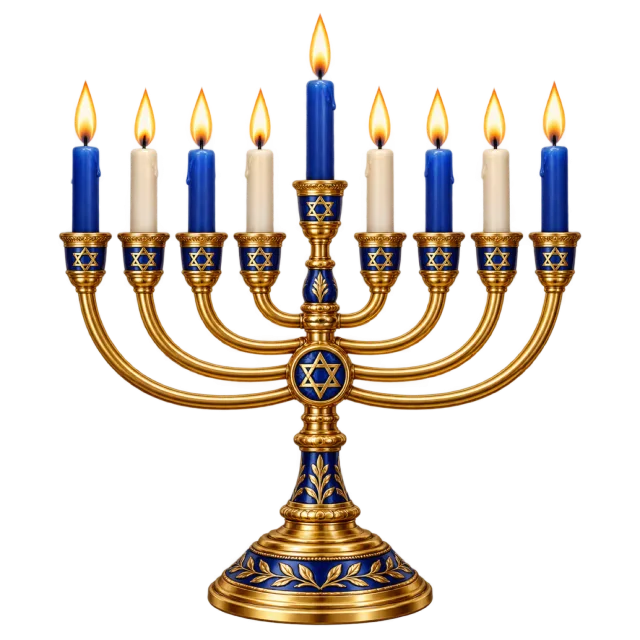 A gold and blue nine-branched Hanukkah menorah with lit blue candles