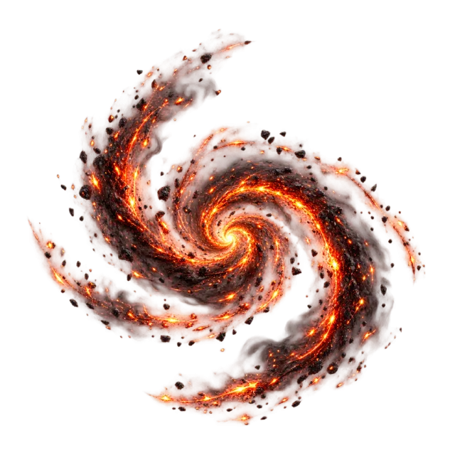 Dark ash spiral threaded with orange embers