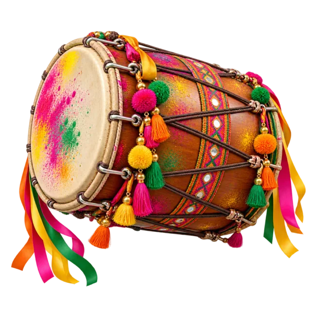 A colorful double-sided dhol drum decorated with pompoms and ribbons