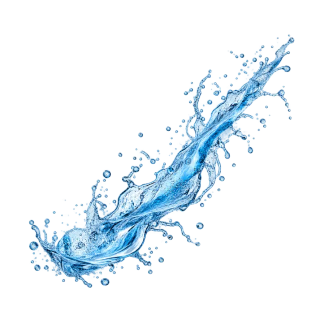 Blue diagonal water jet with scattered droplets