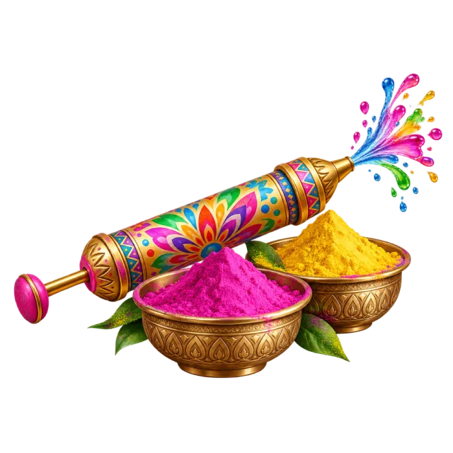 A decorated water sprayer above bowls of pink and yellow powder