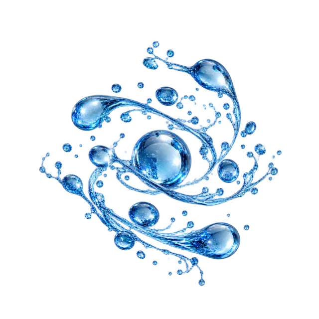 Blue suspended droplets with curling liquid strands