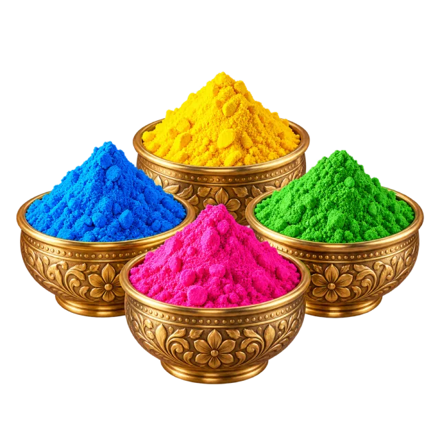 Decorative gold bowls filled with blue, yellow, green and pink powder