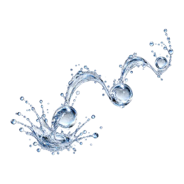 Chain of clear droplets connected by curved splash trails