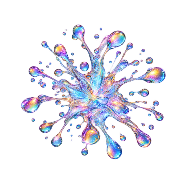 Iridescent liquid burst with rounded droplets