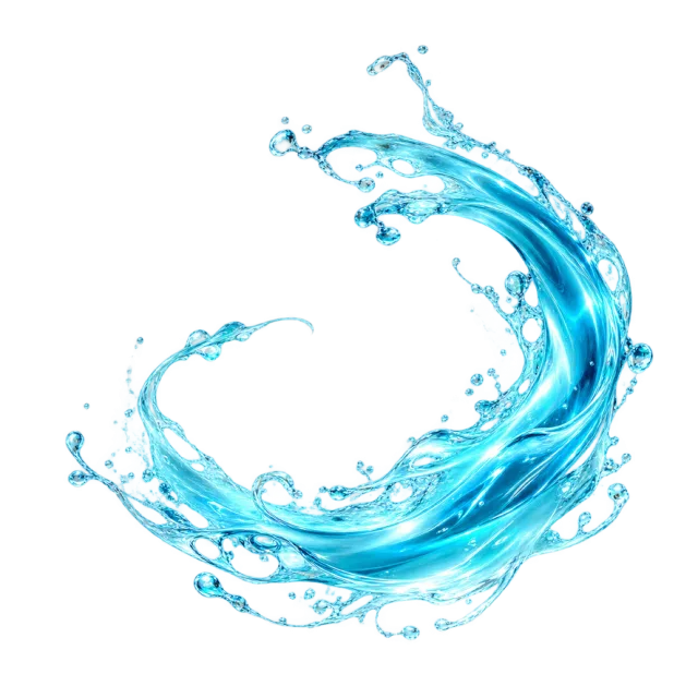 Cyan liquid swoosh with scattered drops