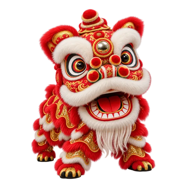 A playful red and white lion dance costume with gold accents