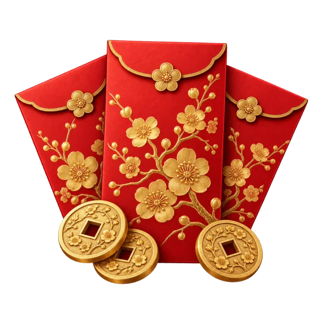 Red envelopes with golden blossom patterns displayed with decorative gold coins