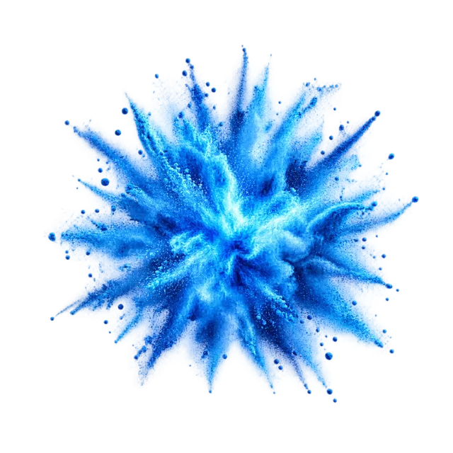 Electric blue powder burst radiating outward