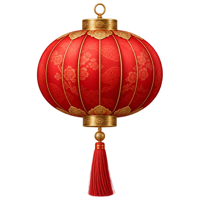 A round red lantern with golden patterns and a red tassel