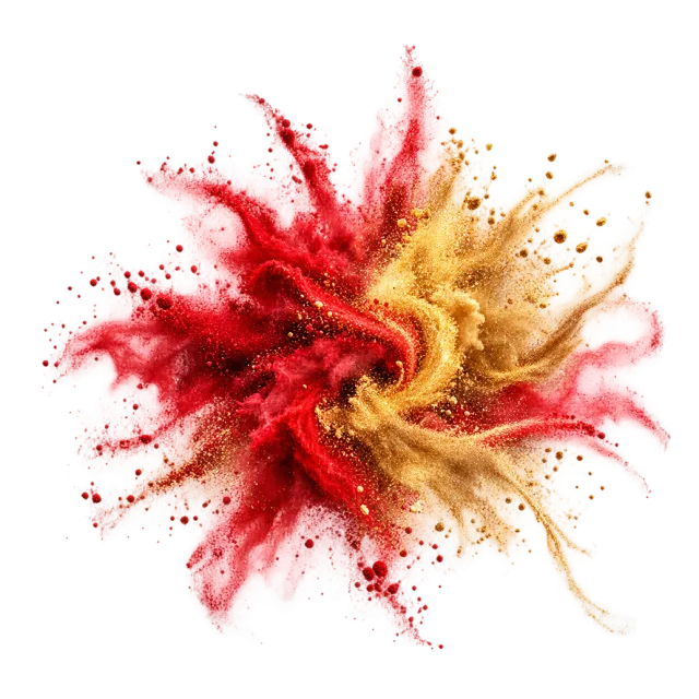 Red and golden powder colliding in a burst