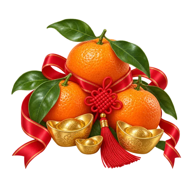 A cluster of oranges with green leaves, red ribbon and decorative gold ingots