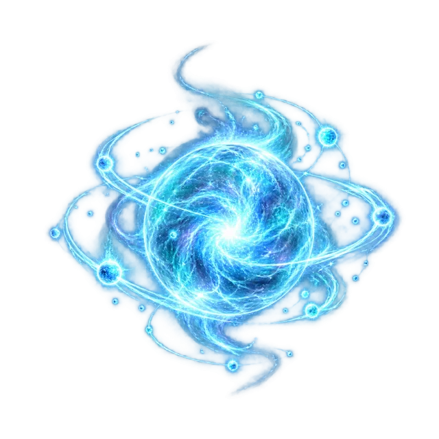 Cyan energy orb with orbiting spark trails