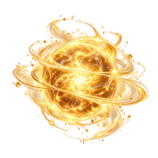 Golden energy orb surrounded by luminous rings