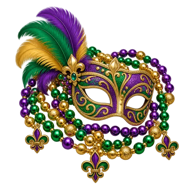 A purple and green feathered mask surrounded by gold, green and purple beads