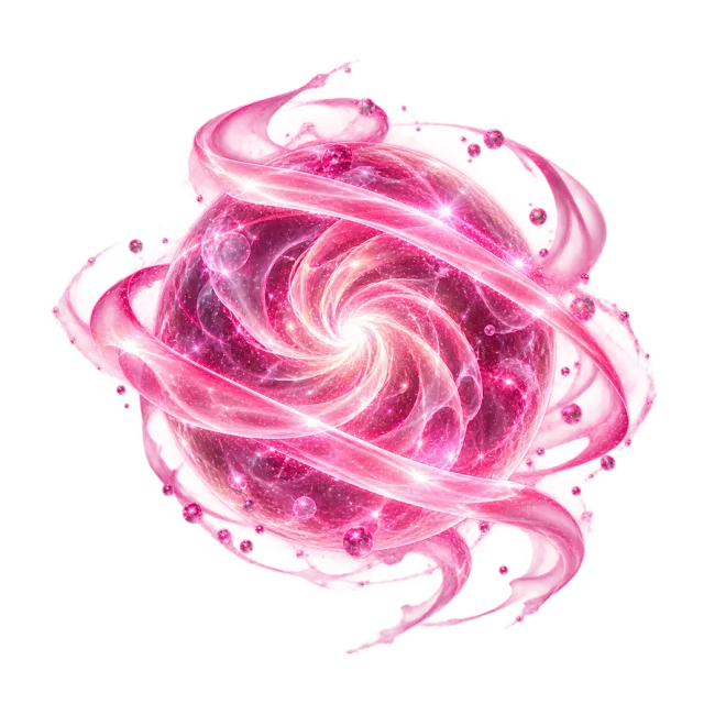 Pink spiral energy globe with orbiting ribbons