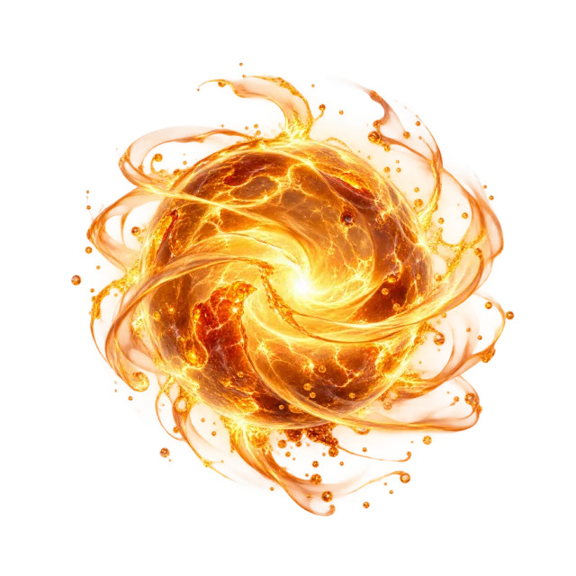 Amber molten-style energy ball with fiery curls
