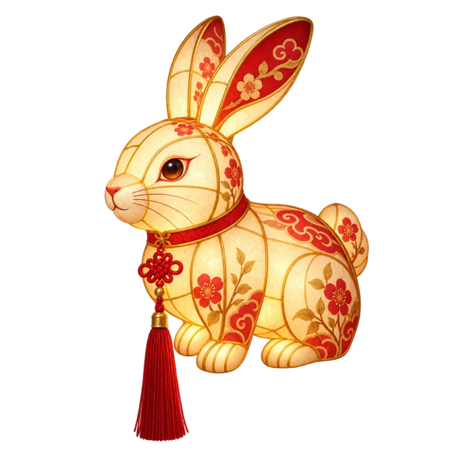 A glowing rabbit-shaped lantern with red floral patterns and a hanging tassel